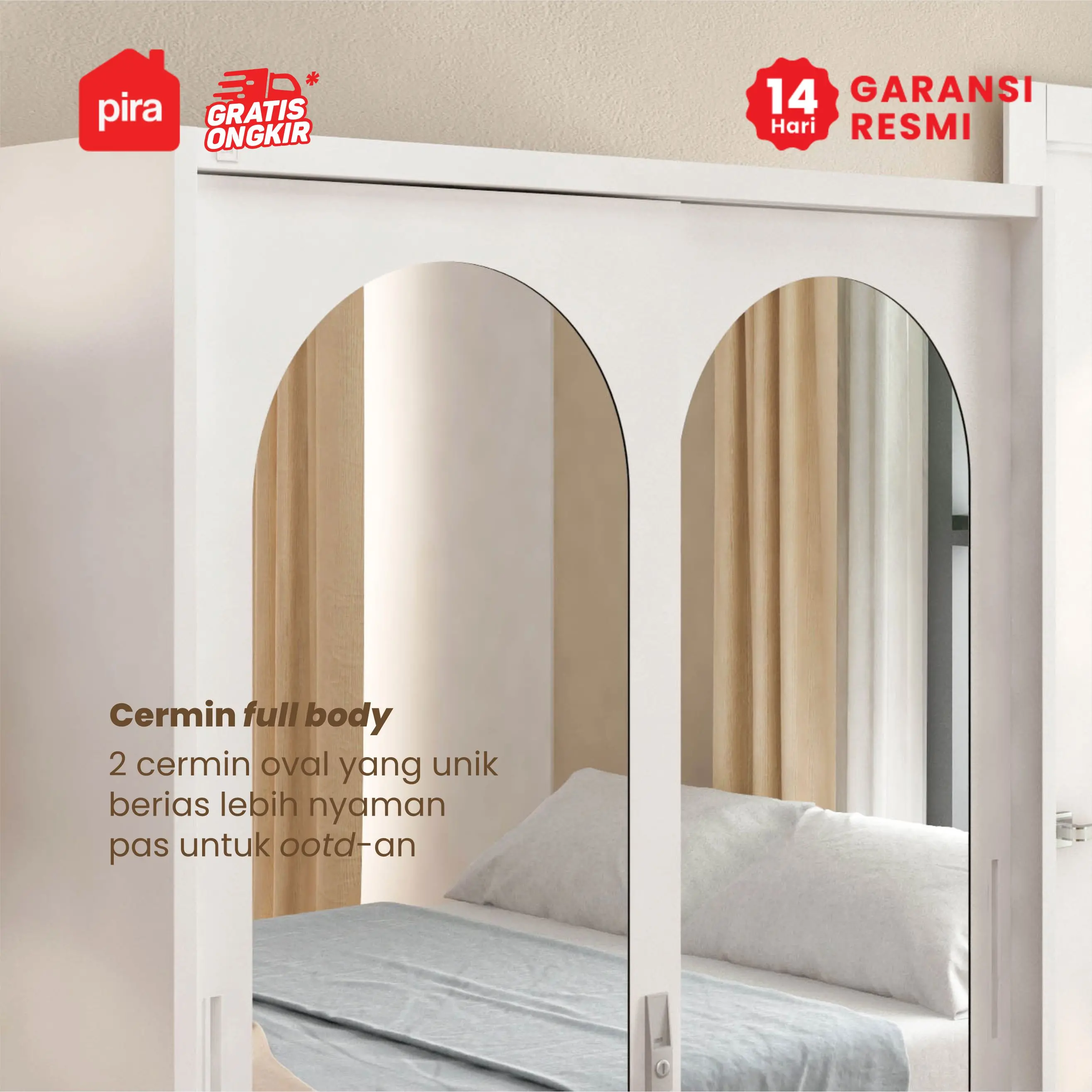 PIRA - OVELO 120 MWDSL LEMARI PAKAIAN BESI SLIDING / PINTU GESER DENGAN CERMIN OVAL DAN RAK ADJUSTABLE warna WHITE - PIRA - foto 5