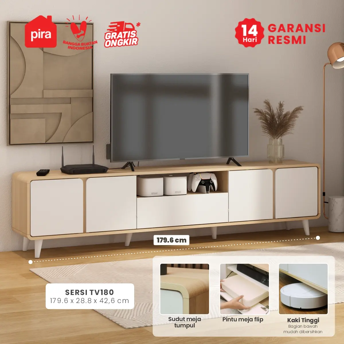 PIRA OX - SERSI TV180 MEJA TV / RAK TV / LEMARI TV warna PRO OAK - WHITE SM - PIRA - foto 1