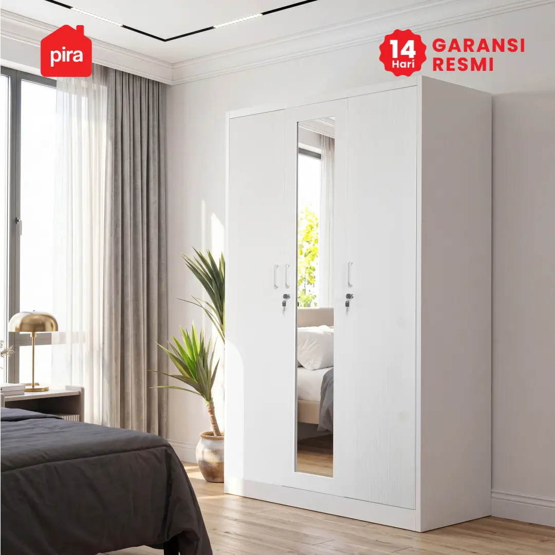 PIRA -  LINIO 3P MR MWD LEMARI PAKAIAN BESI 3 PINTU SWING DENGAN CERMIN warna WHITE - PIRA - foto 3
