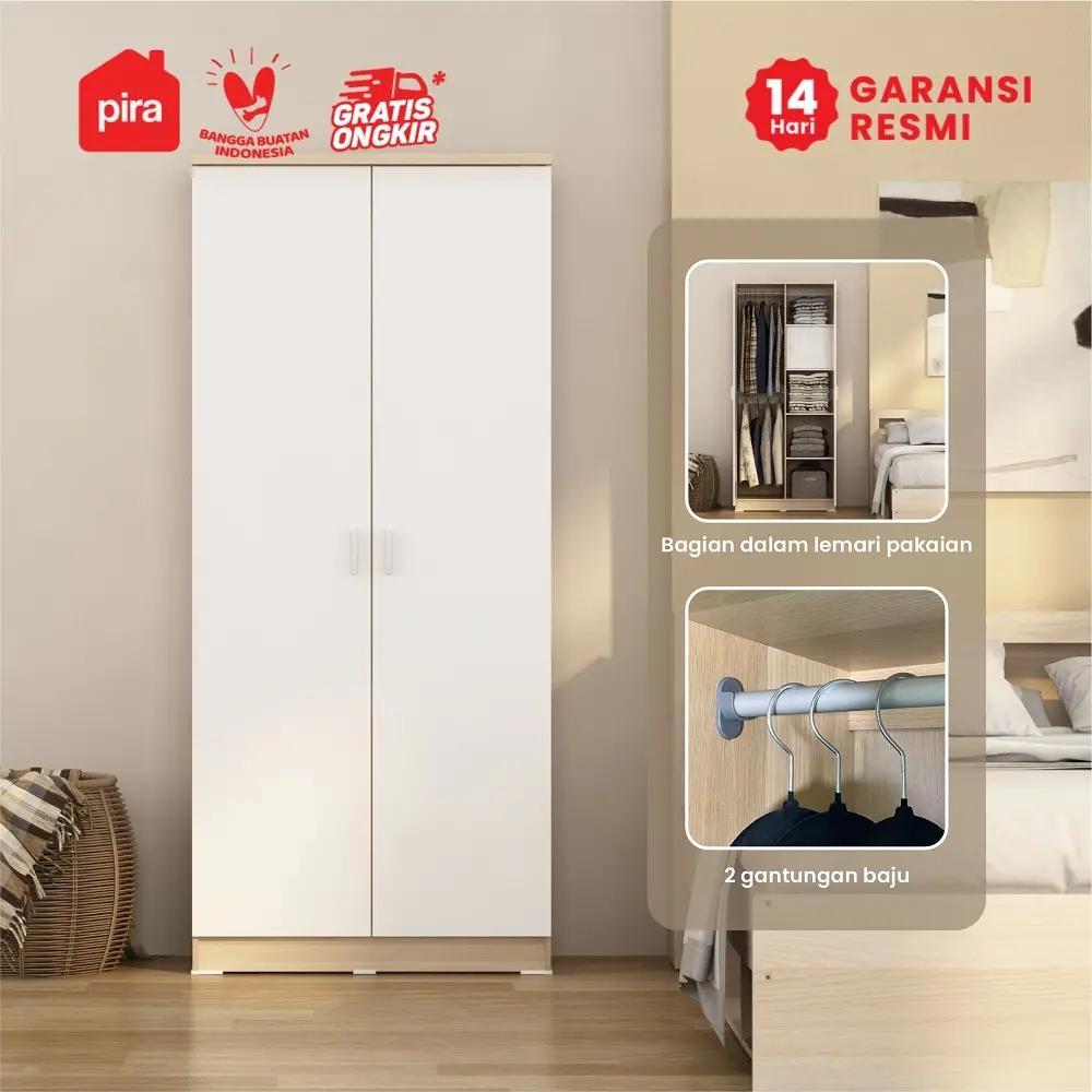 PIRA - ARUNA 2P A LK LEMARI PAKAIAN 2 PINTU / LEMARI BAJU DENGAN LOKER PENYIMPANAN warna WHITE - PRODESIGN - foto 2