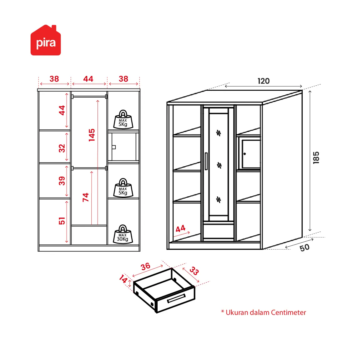 Panduan ukuran PIRA - SCHON 3A SSL MWD LEMARI PAKAIAN BESI 3 PINTU SLIDING / PINTU GESER warna WHITE - PIRA