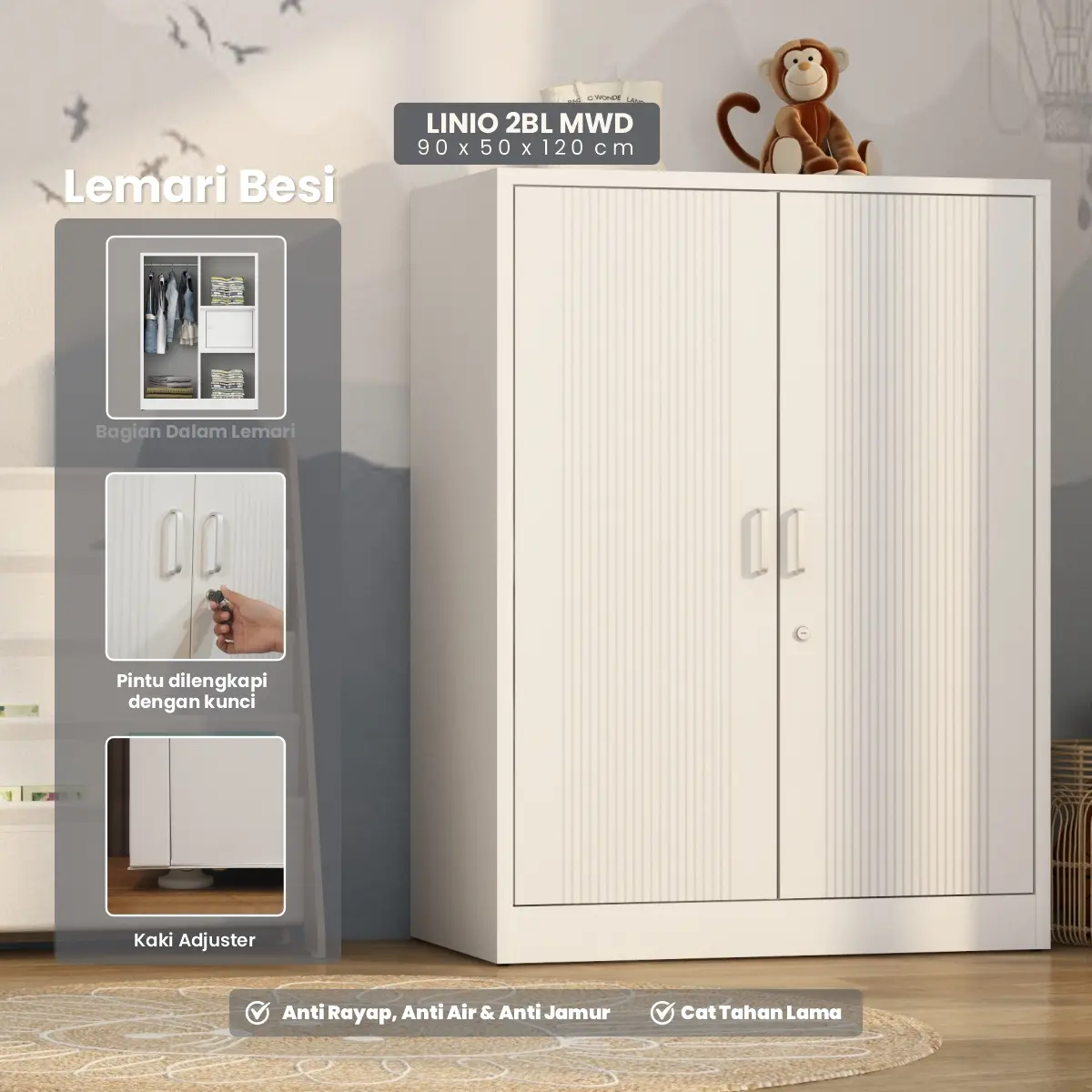 PIRA - LINIO 2BL MWD LEMARI PAKAIAN BESI 2 PINTU / LEMARI PAKAIAN ANAK warna WHITE - PIRA - foto 1