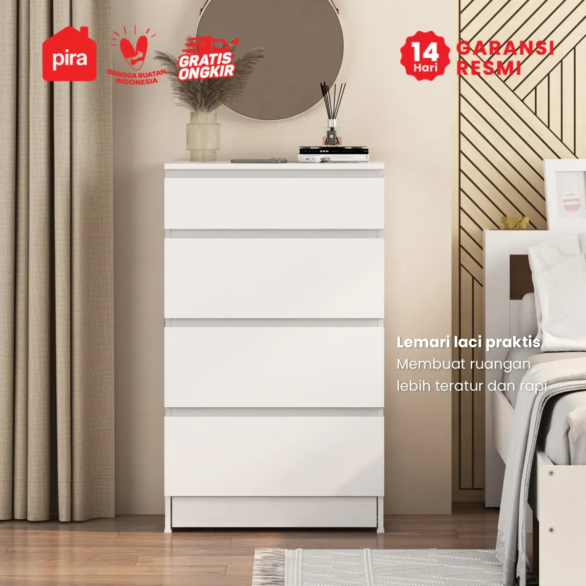 PIRA -  LINUS CH4 HD LEMARI LACI 4 SUSUN / DRAWER / LEMARI SUSUN DENGAN PENYIMPANAN TAMBAHAN warna WHITE SM - PIRA - foto 8