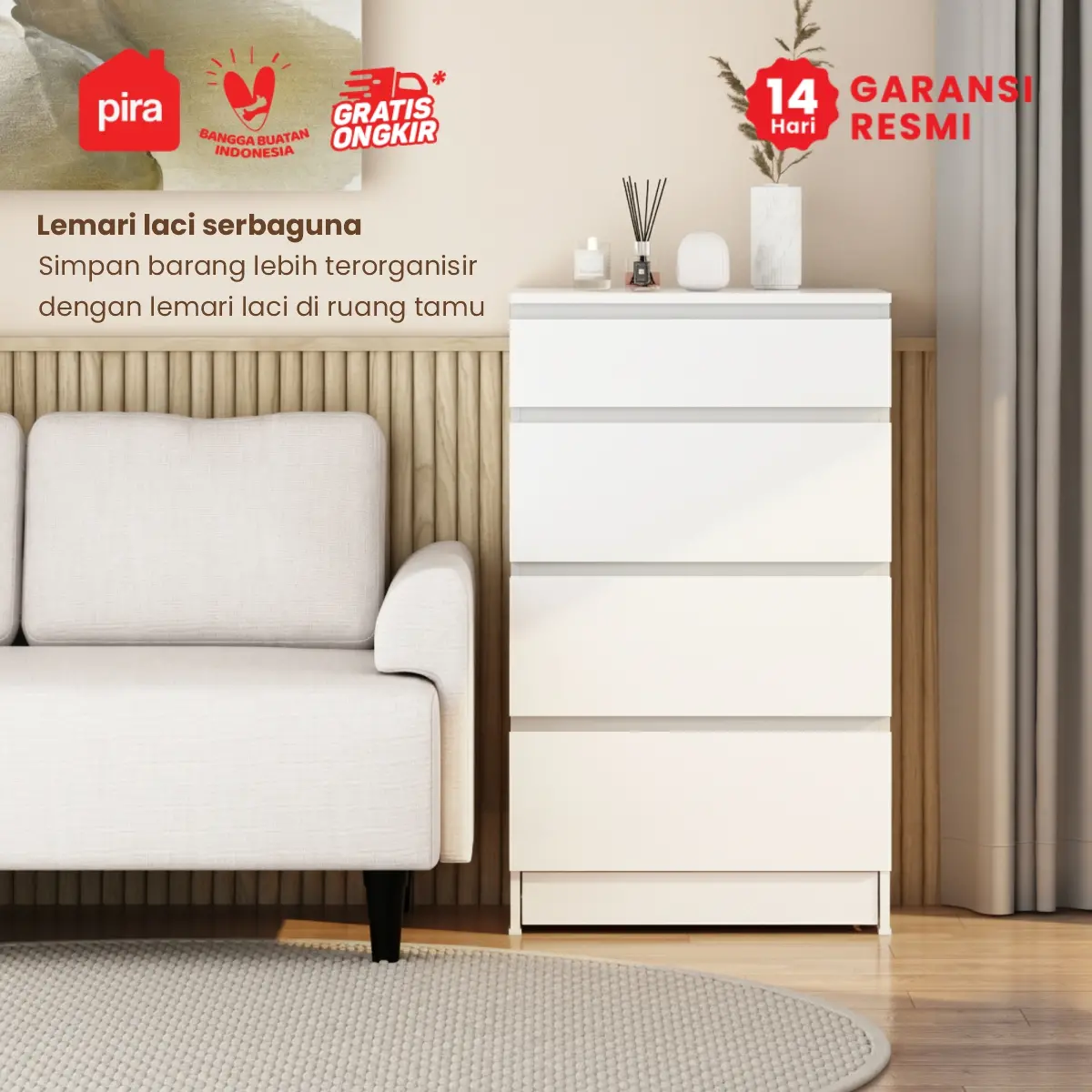 PIRA -  LINUS CH4 HD LEMARI LACI 4 SUSUN / DRAWER / LEMARI SUSUN DENGAN PENYIMPANAN TAMBAHAN warna WHITE SM - PIRA - foto 9