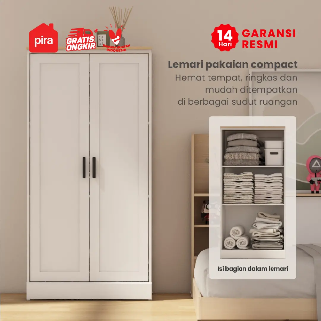 PIRA METROPOLIS -  YORK BLS60 LEMARI PAKAIAN KECIL 2 PINTU / LEMARI BAJU FULL RAK warna WHITE - PRO OAK - PIRA METROPOLIS - foto 2