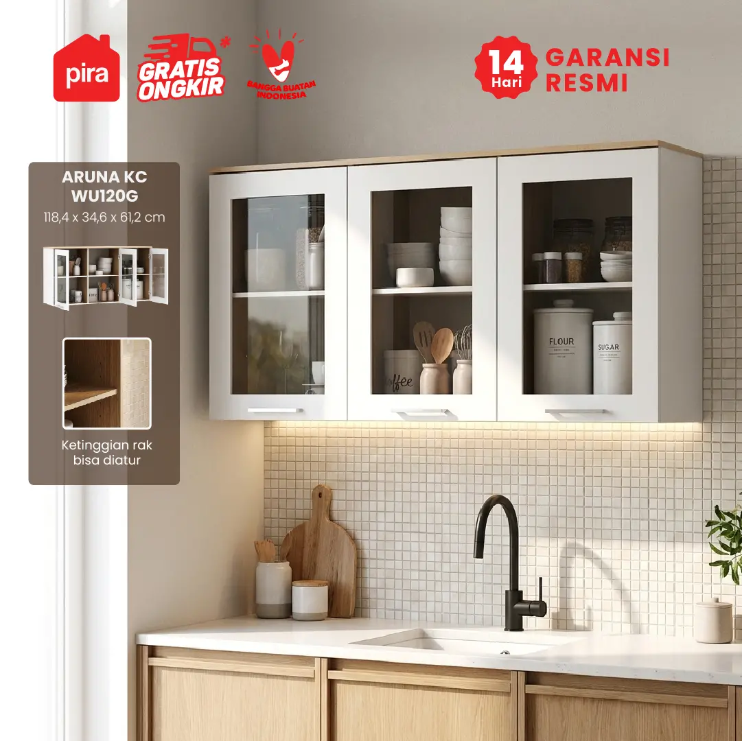 PIRA METROPOLIS OX - ARUNA KC WU120G RAK DAPUR / RAK GANTUNG DAPUR / KITCHEN SET ATAS 3 PINTU KACA warna WHITE - PRO OAK - PIRA METROPOLIS OX - foto 1