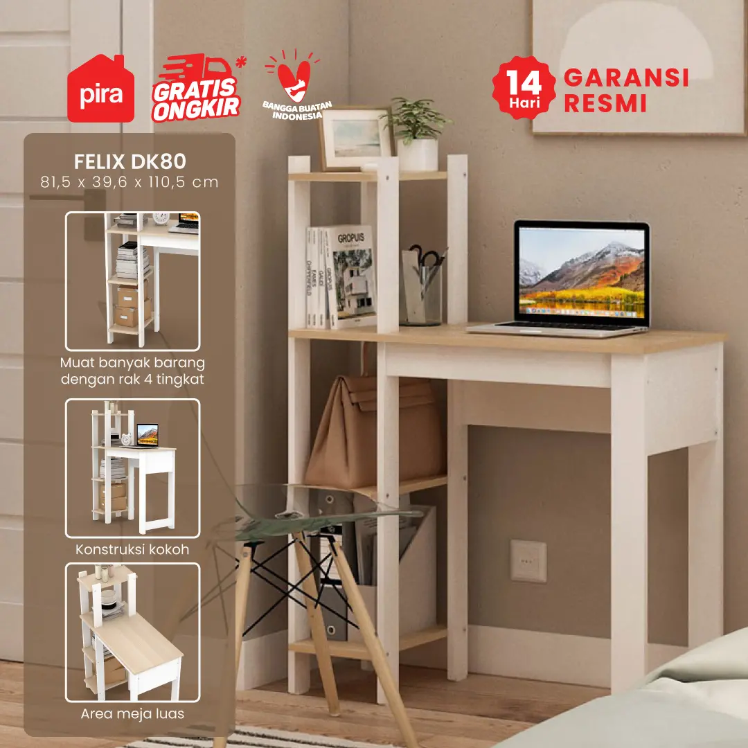 PIRA - FELIX DK80 MEJA KERJA / MEJA BELAJAR DENGAN RAK BUKU warna WHITE - PRO OAK - PIRA - foto 1