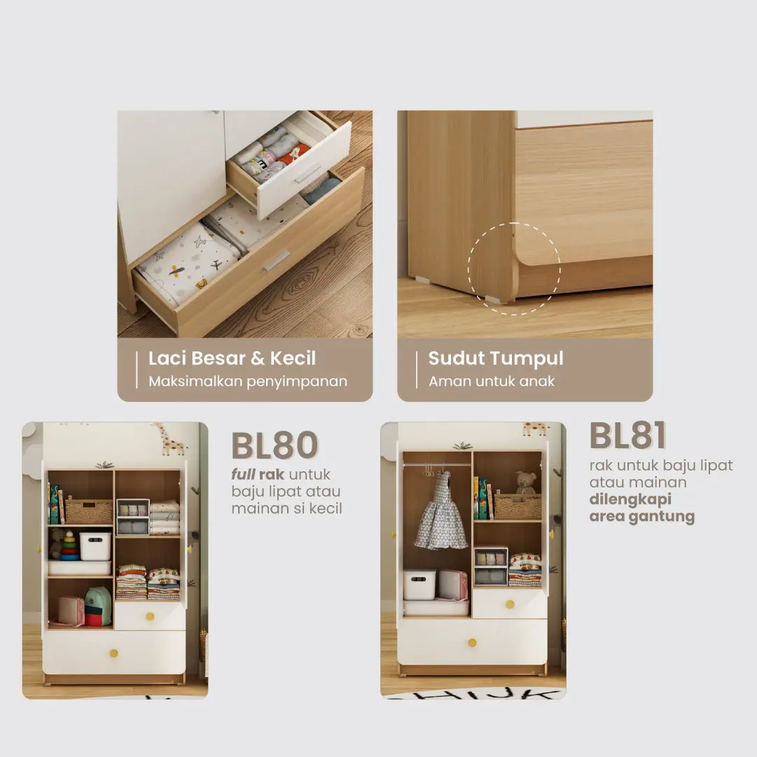 PIRA KIDS - WOODY BL81 CL LEMARI PAKAIAN ANAK 2 PINTU DENGAN GANTUNGAN warna PRO OAK - WHITE MARBLE - PIRA KIDS - foto 3