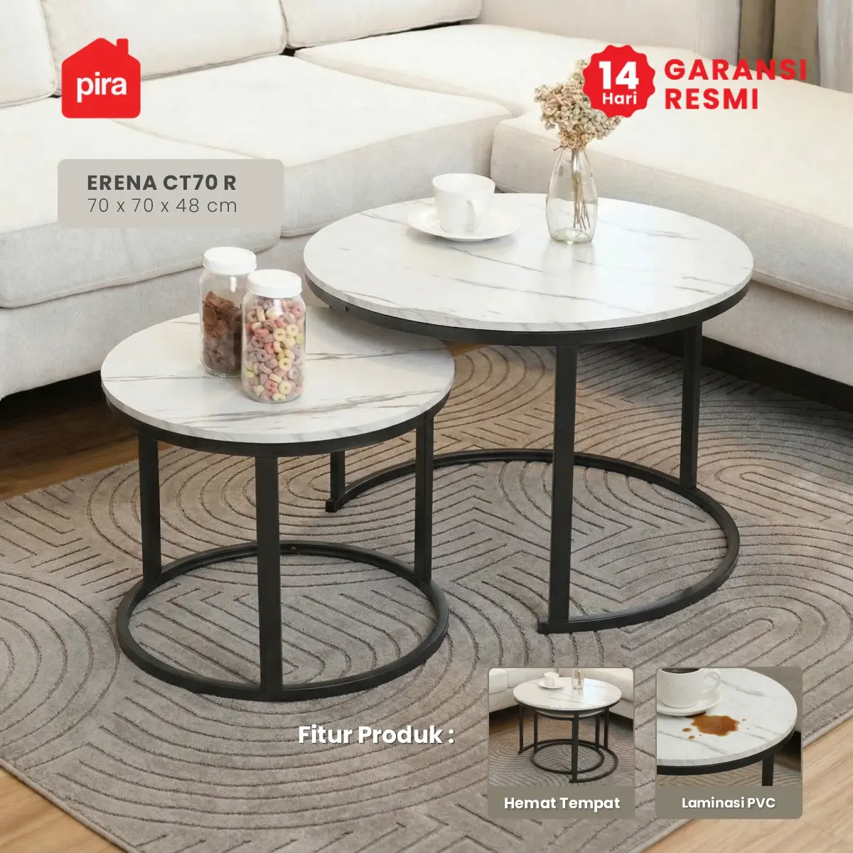 PIRA - ERENA CT70 R MEJA TAMU / MEJA TAMU 2 TINGKAT / MEJA KOPI / MEJA RUANG TAMU / MEJA SAMPING warna MARBLE - BLACK - PIRA - foto 1