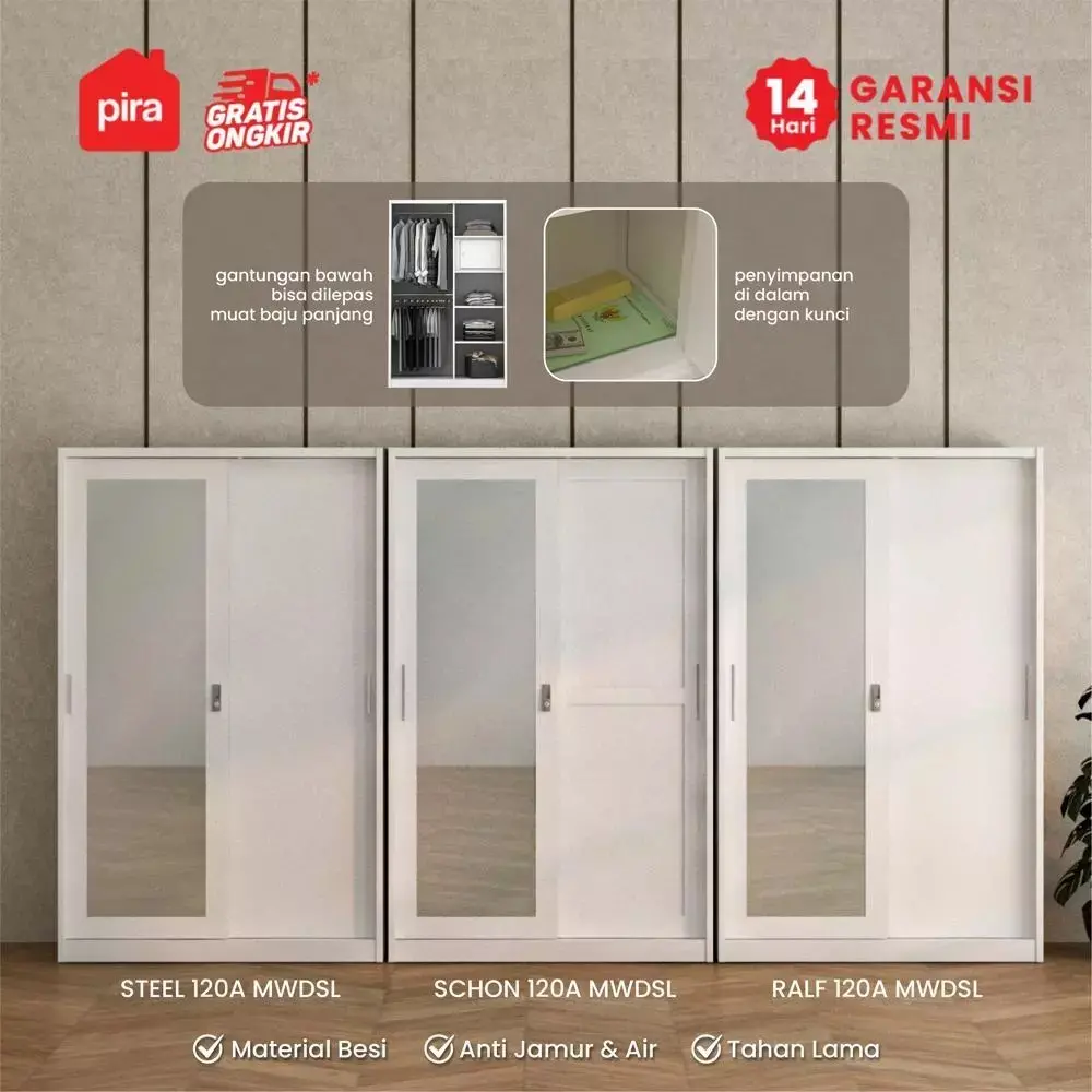 PIRA - STEEL A 120A N MWDSL LEMARI PAKAIAN BESI SLIDING / PINTU GESER warna WHITE - PIRA - foto 11