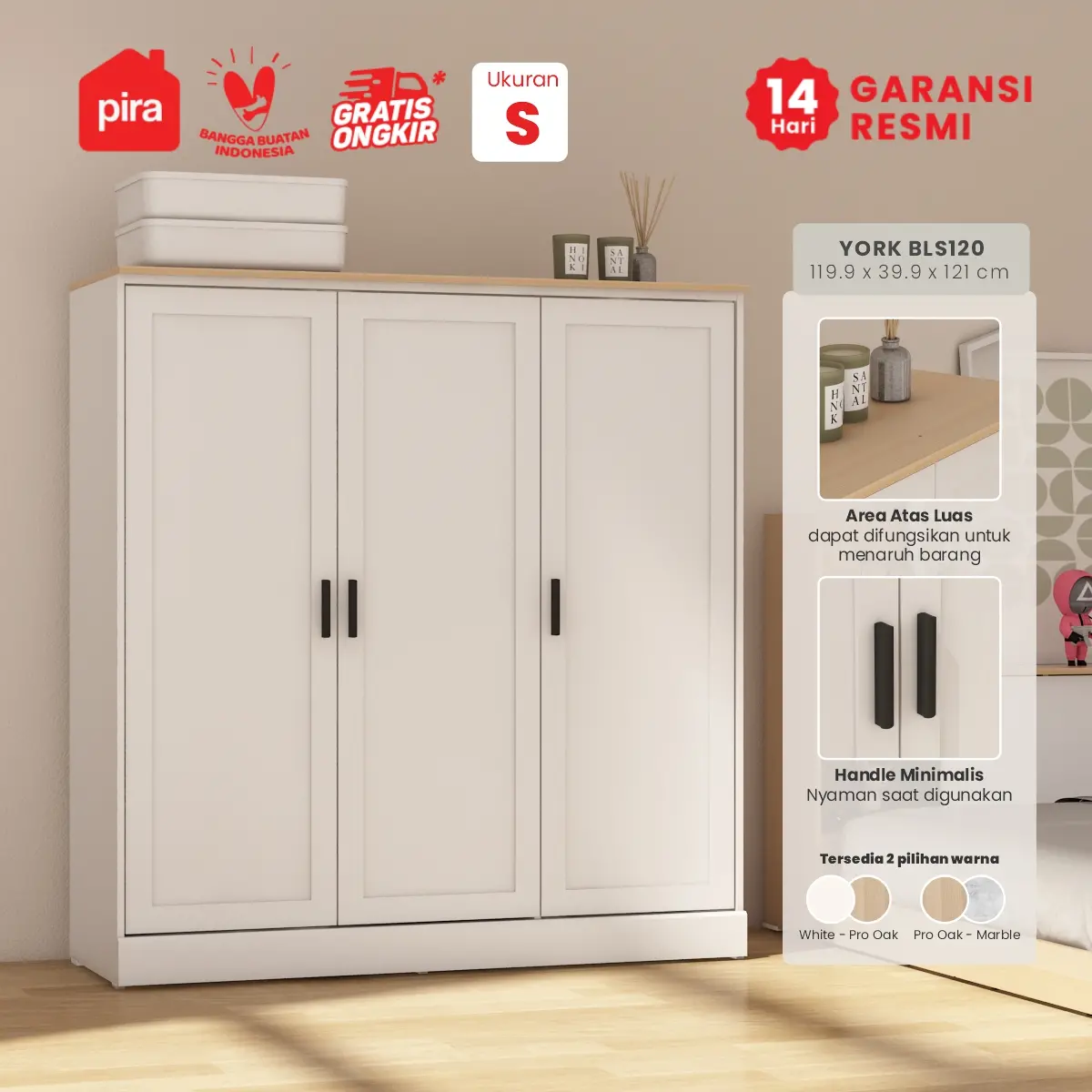 PIRA METROPOLIS -  YORK BLS120 LEMARI PAKAIAN KECIL 3 PINTU FULL RAK / LEMARI BAJU warna WHITE - PRO OAK - PIRA METROPOLIS - foto 1