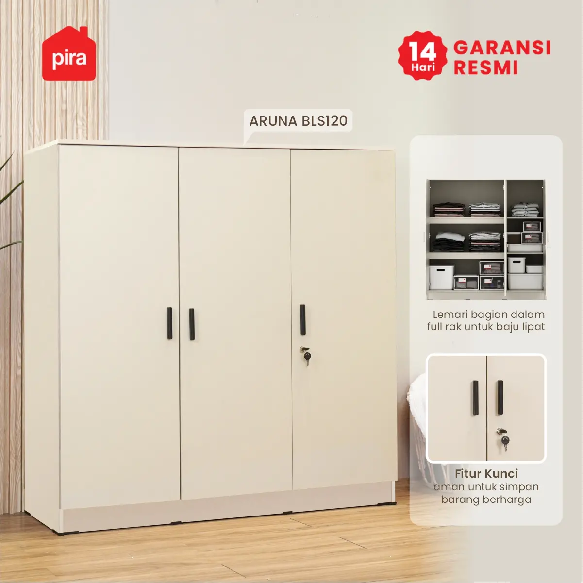 PIRA METROPOLIS OX - ARUNA BLS120 LEMARI PAKAIAN 3 PINTU FULL RAK warna LIGHT TAUPE - PIRA METROPOLIS OX - foto 3