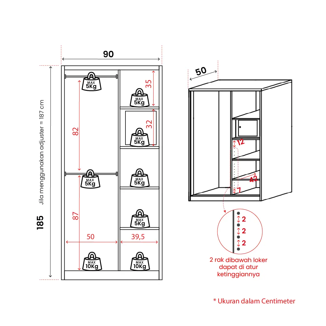 Panduan ukuran PIRA -  SHUTTER 90 MWDSL LEMARI PAKAIAN BESI SLIDING / PINTU GESER warna WHITE - PIRA