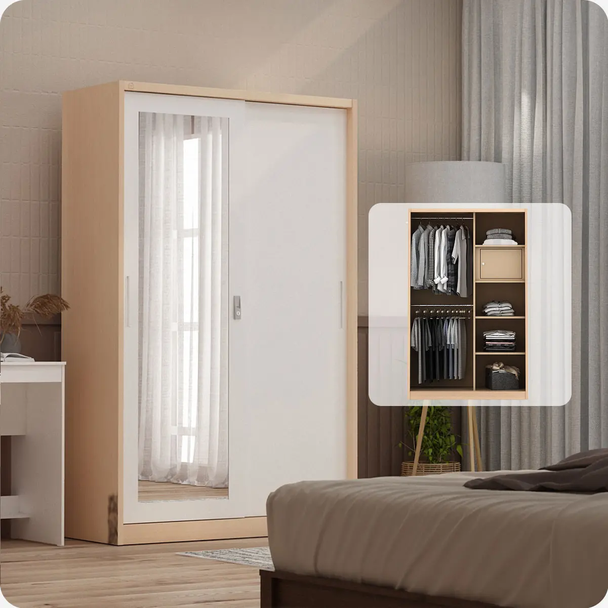 PIRA - ASHTON A 120A MWDSL LEMARI PAKAIAN BESI SLIDING / GESER MOTIF KAYU warna LIGHT ASH - WHITE - PIRA - foto 1