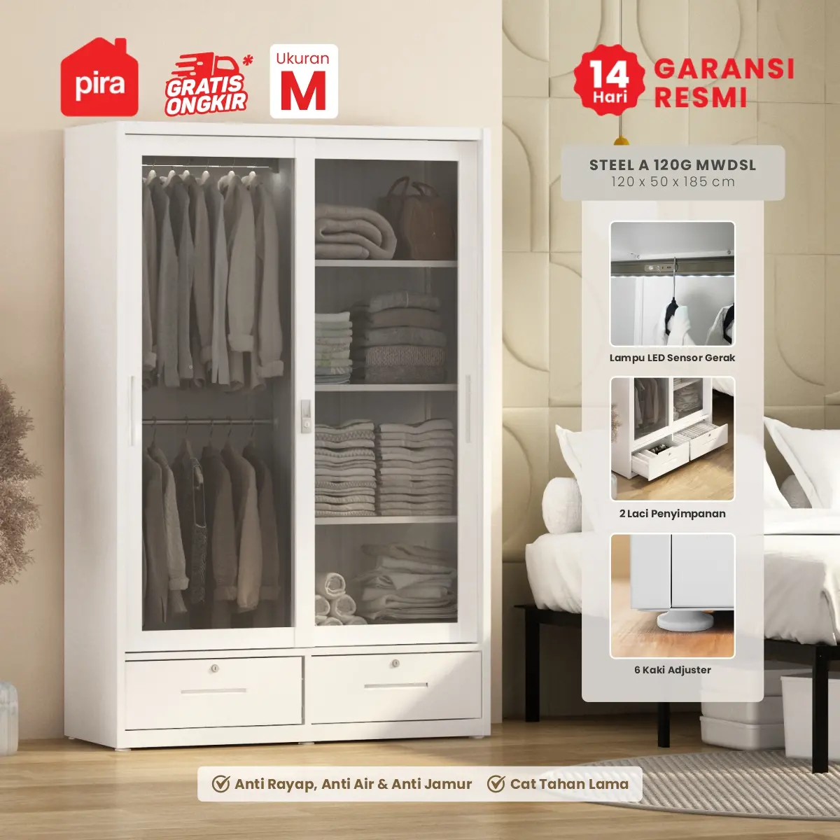 PIRA -  STEEL A 120G MWDSL LEMARI PAKAIAN BESI PINTU SLIDING / LEMARI PINTU GESER / LEMARI BAJU DENGAN KACA TRANSPARAN DAN LED warna WHITE - PIRA - foto 1