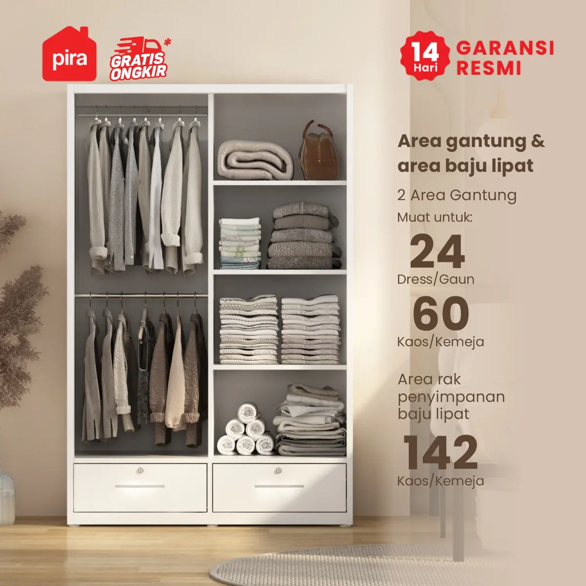 PIRA -  STEEL A 120G MWDSL LEMARI PAKAIAN BESI PINTU SLIDING / LEMARI PINTU GESER / LEMARI BAJU DENGAN KACA TRANSPARAN DAN LED warna WHITE - PIRA - foto 3