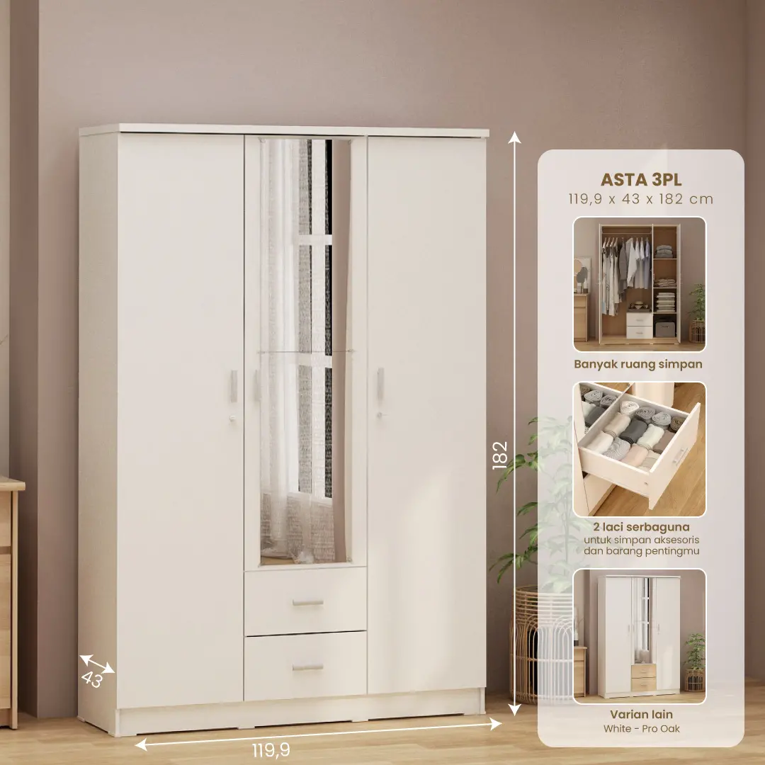 PIRA METROPOLIS OX -  ASTA 3PL LEMARI PAKAIAN 3 PINTU warna WHITE - PIRA METROPOLIS OX - foto 1