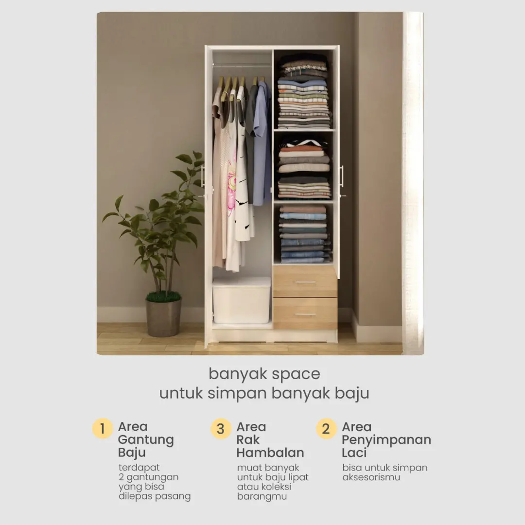 PIRA METROPOLIS - ALANA 2PL A LEMARI PAKAIAN 2 PINTU warna WHITE - PIRA METROPOLIS - foto 2
