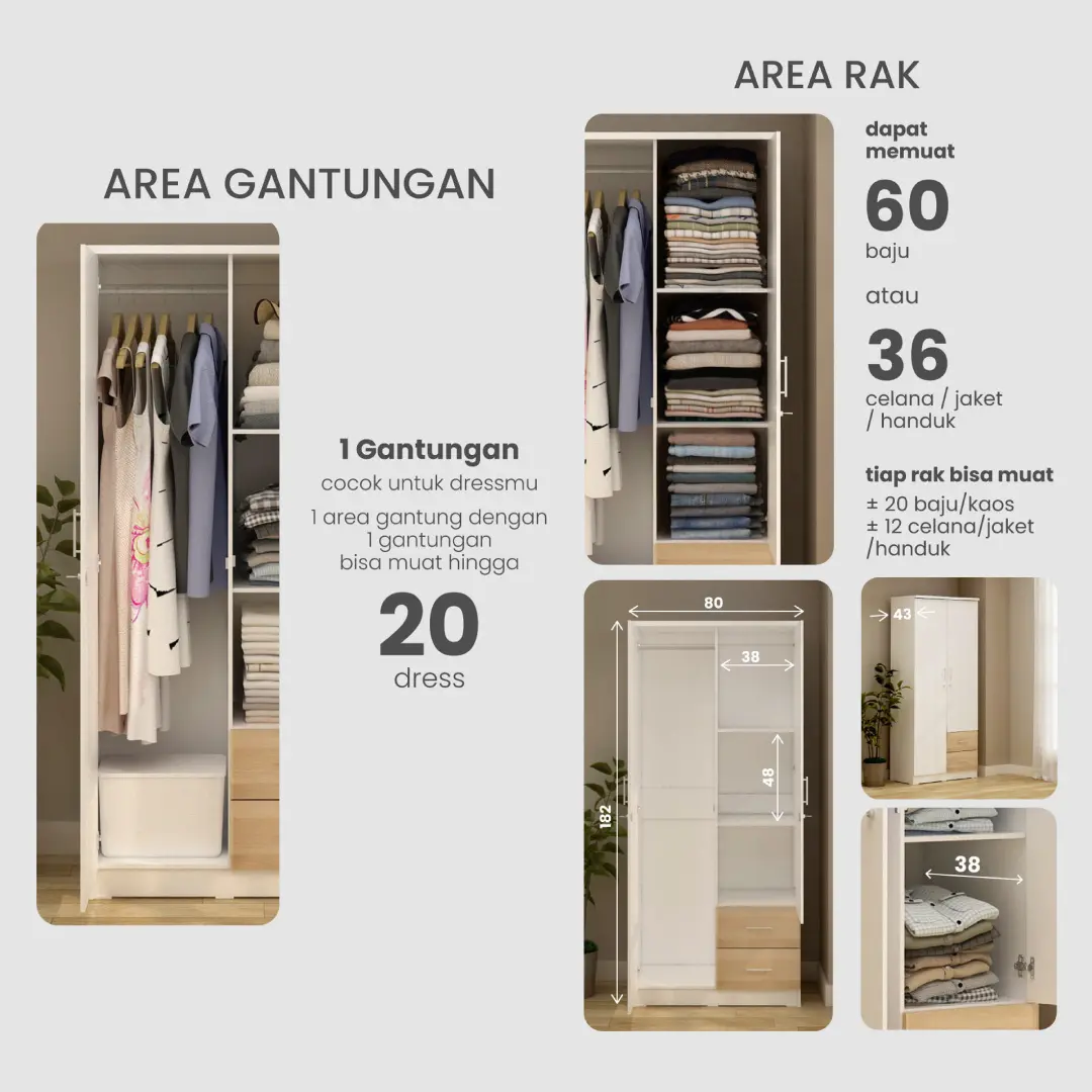 PIRA METROPOLIS - ALANA 2PL A LEMARI PAKAIAN 2 PINTU warna WHITE - PIRA METROPOLIS - foto 3