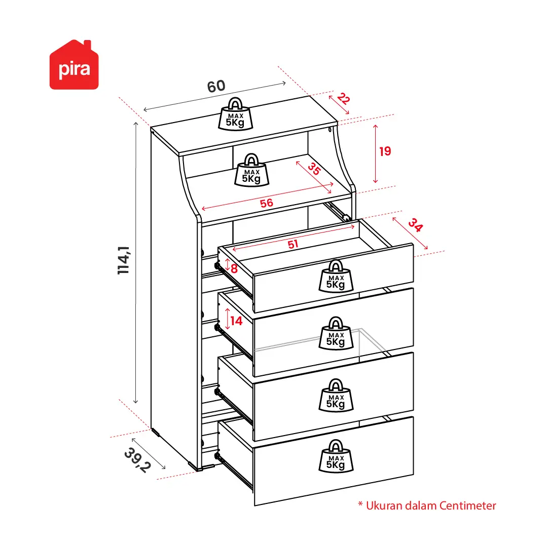 Panduan ukuran PIRA -  LINUS CHS460 LEMARI LACI / LEMARI SUSUN / DRAWER warna WHITE - PRO OAK - PIRA