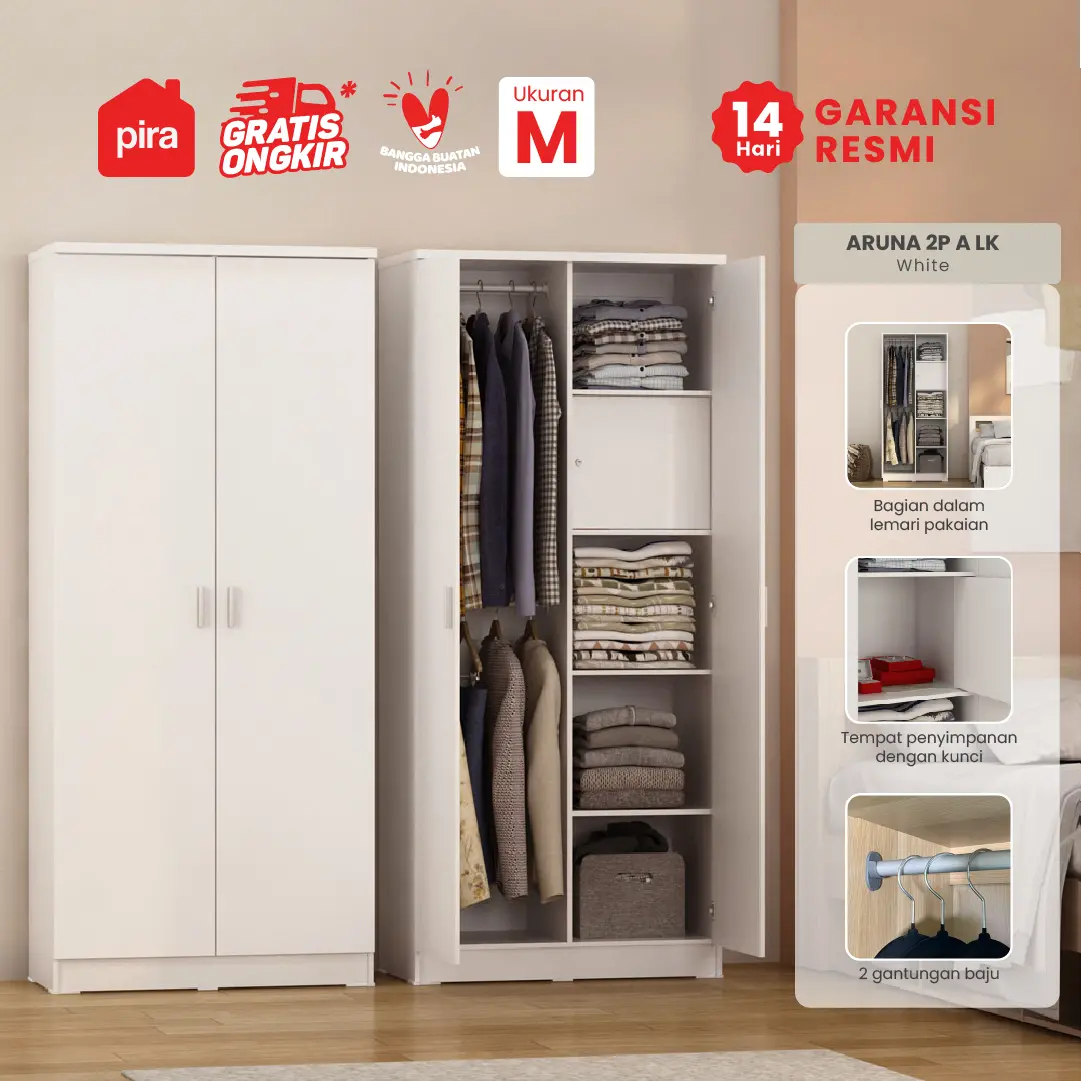 PIRA - ARUNA 2P A LK LEMARI PAKAIAN 2 PINTU / LEMARI BAJU DENGAN LOKER PENYIMPANAN warna WHITE - PRODESIGN - foto 1