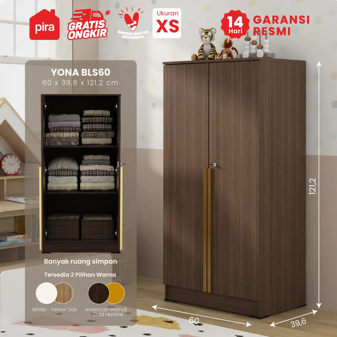 PIRA METROPOLIS - YONA BLS60 LEMARI PAKAIAN MEDIUM 2 PINTU FULL RAK warna AMERICAN WALNUT - GOLD HAIRLINE - PIRA METROPOLIS - foto 1