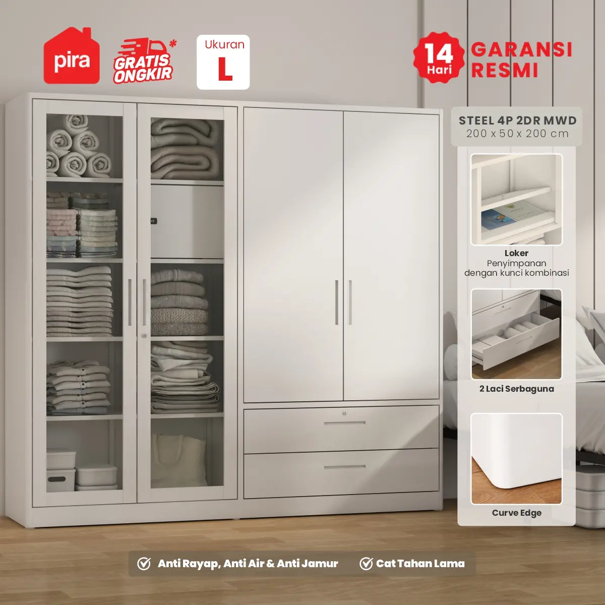 PIRA - STEEL 4P 2BDR MWD LEMARI PAKAIAN BESI 4 PINTU / LEMARI BAJU / LEMARI BESI JUMBO DENGAN 2 LACI DAN RAK DISPLAY warna WHITE - PIRA - foto 1