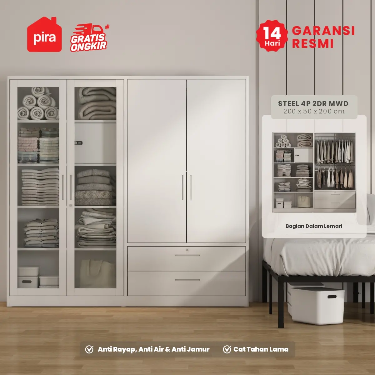 PIRA - STEEL 4P 2BDR MWD LEMARI PAKAIAN BESI 4 PINTU / LEMARI BAJU / LEMARI BESI JUMBO DENGAN 2 LACI DAN RAK DISPLAY warna WHITE - PIRA - foto 2