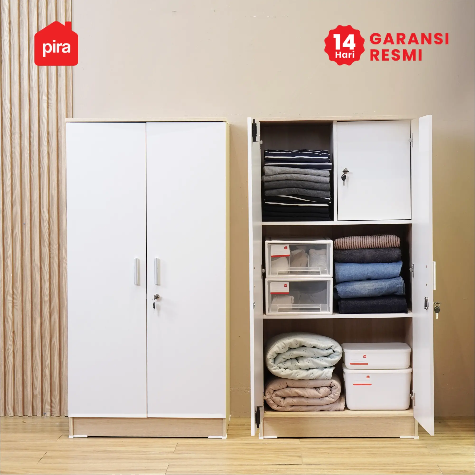 PIRA METROPOLIS OX -  ARUNA BLS60 LK LEMARI PAKAIAN MEDIUM 2 PINTU FULL RAK DENGAN LOKER PENYIMPANAN warna PRO OAK - WHITE - PIRA METROPOLIS OX - foto 4