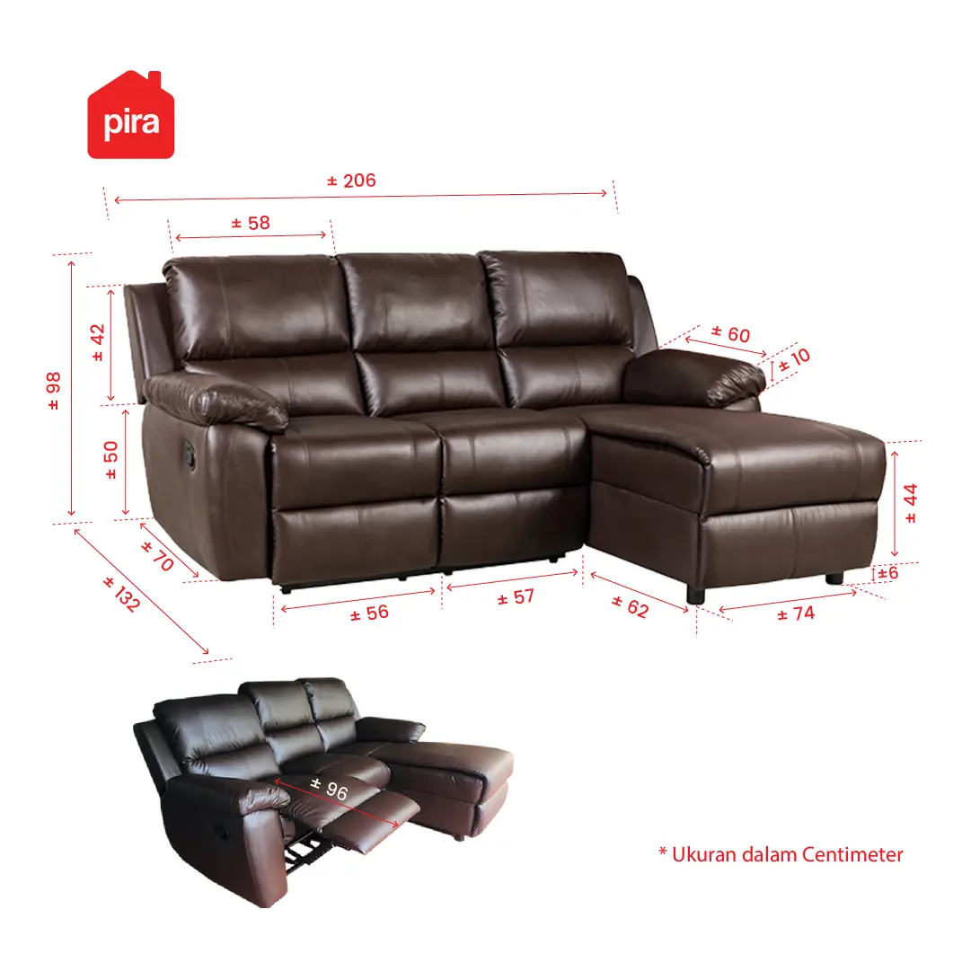 Panduan ukuran PIRA - LIVERPOOL RECLINER L 3S SOFA BED warna DARK BROWN - PIRA