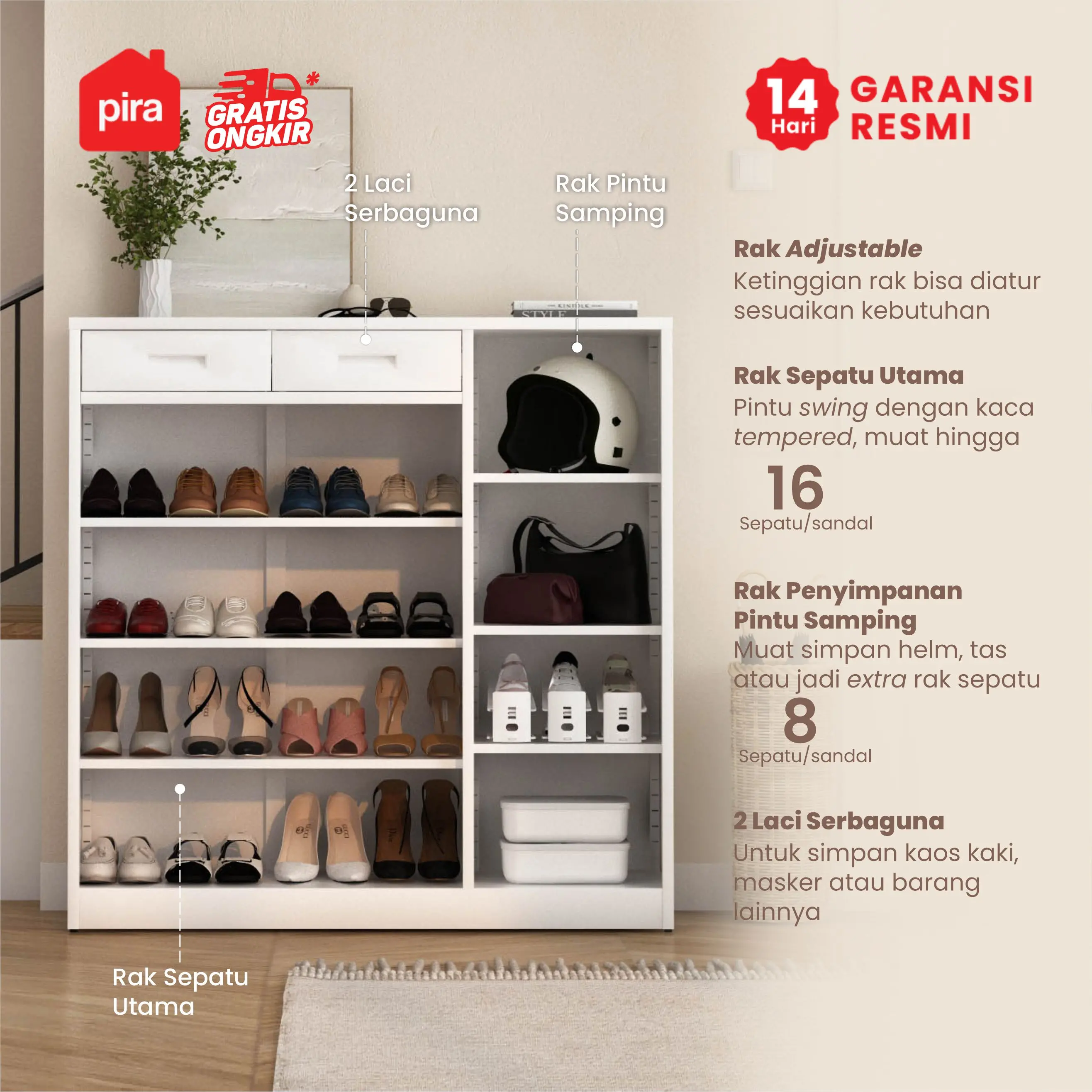 PIRA - BOLT MSR DR P RAK SEPATU BESI / LEMARI SEPATU / RAK BESI SERBAGUNA warna WHITE - PIRA - foto 3