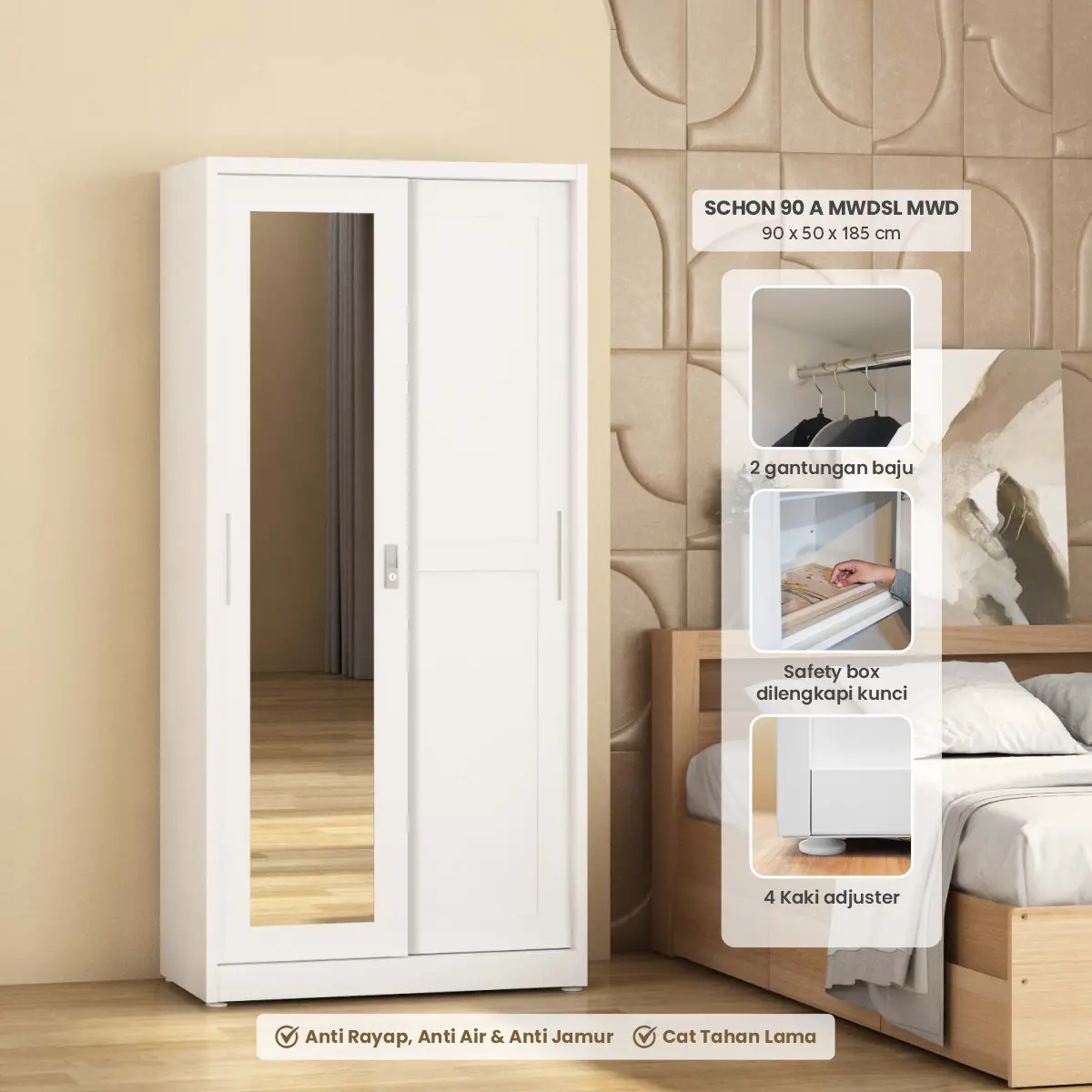 PIRA - SCHON 90A MWDSL LEMARI PAKAIAN BESI SLIDING / PINTU GESER warna WHITE - PIRA - foto 1