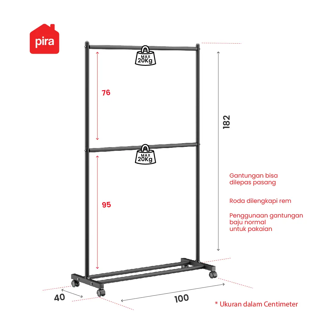 Panduan ukuran PIRA - ATLA CR 101 W RAK GANTUNG BAJU / STAND GANTUNGAN / STAND HANGER / RAK BESI warna BLACK - PIRA