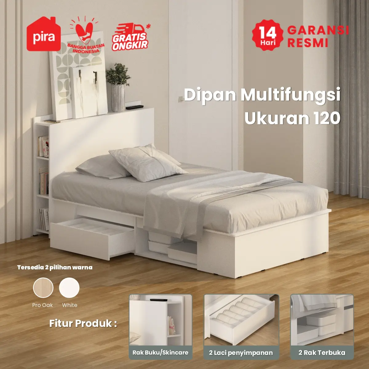 PIRA - MORGAN BD 120 DIPAN / RANJANG / TEMPAT TIDUR DENGAN LACI PENYIMPANAN warna WHITE - PIRA - foto 1