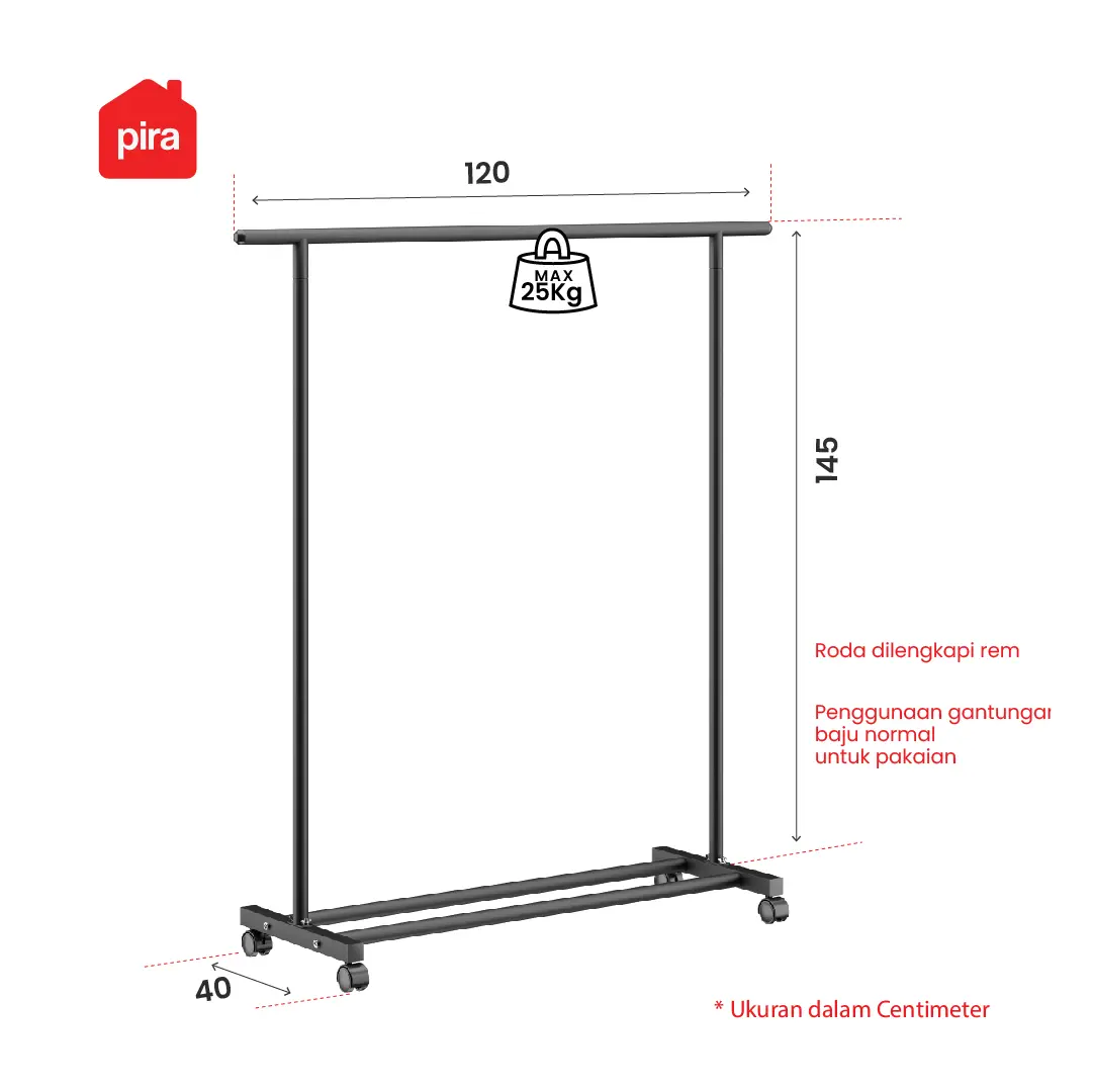 Panduan ukuran PIRA - ATLA CR 120 W RAK GANTUNG BAJU / STAND GANTUNGAN / STAND HANGER / RAK BESI warna WHITE - PIRA