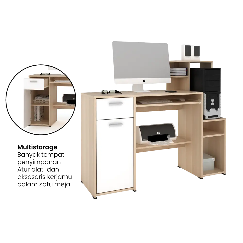 PIRA WORK - MOLA DK MEJA KANTOR / MEJA BELAJAR / MEJA KOMPUTER warna PRO OAK - WHITE SM - PIRA WORK - foto 2