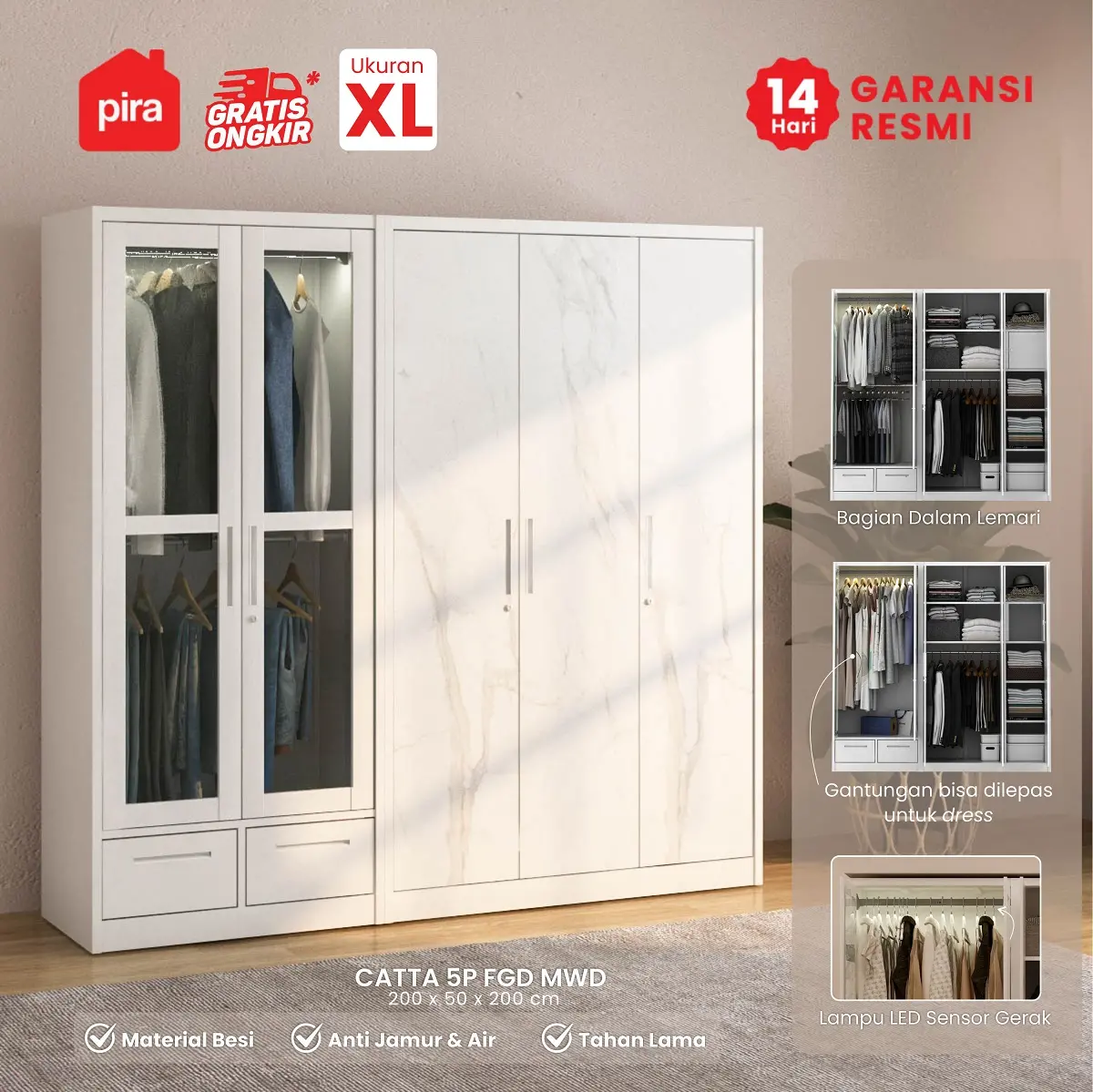 PIRA -  CATTA 5P FGD MWD LEMARI PAKAIAN BESI 5 PINTU DENGAN LACI DAN LED warna WHITE - PIRA - foto 1