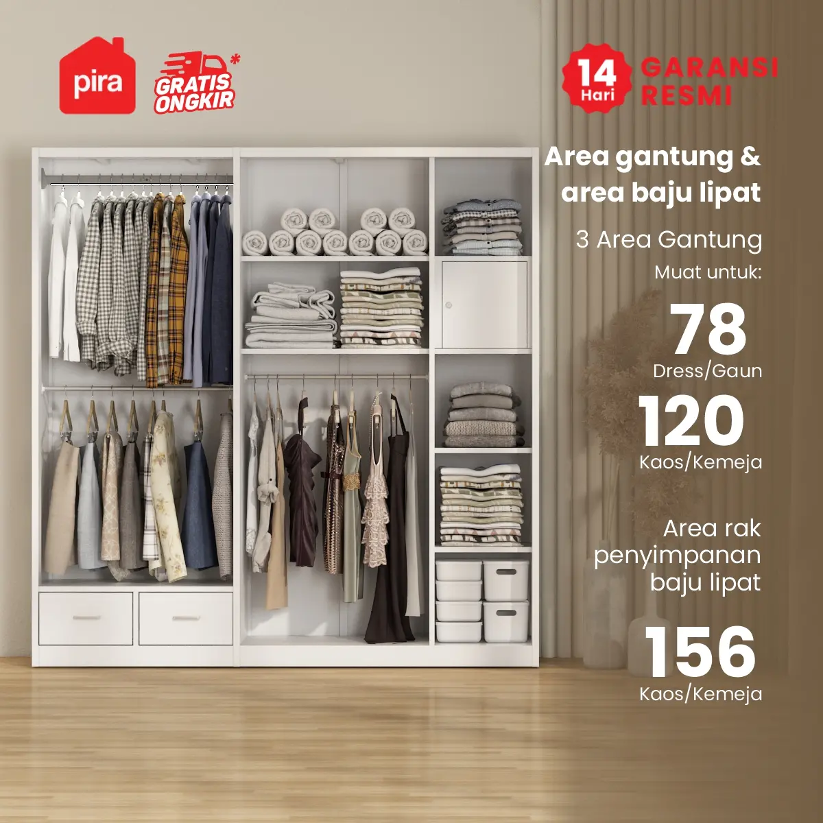 PIRA -  CATTA 5P FGD MWD LEMARI PAKAIAN BESI 5 PINTU DENGAN LACI DAN LED warna WHITE - PIRA - foto 3