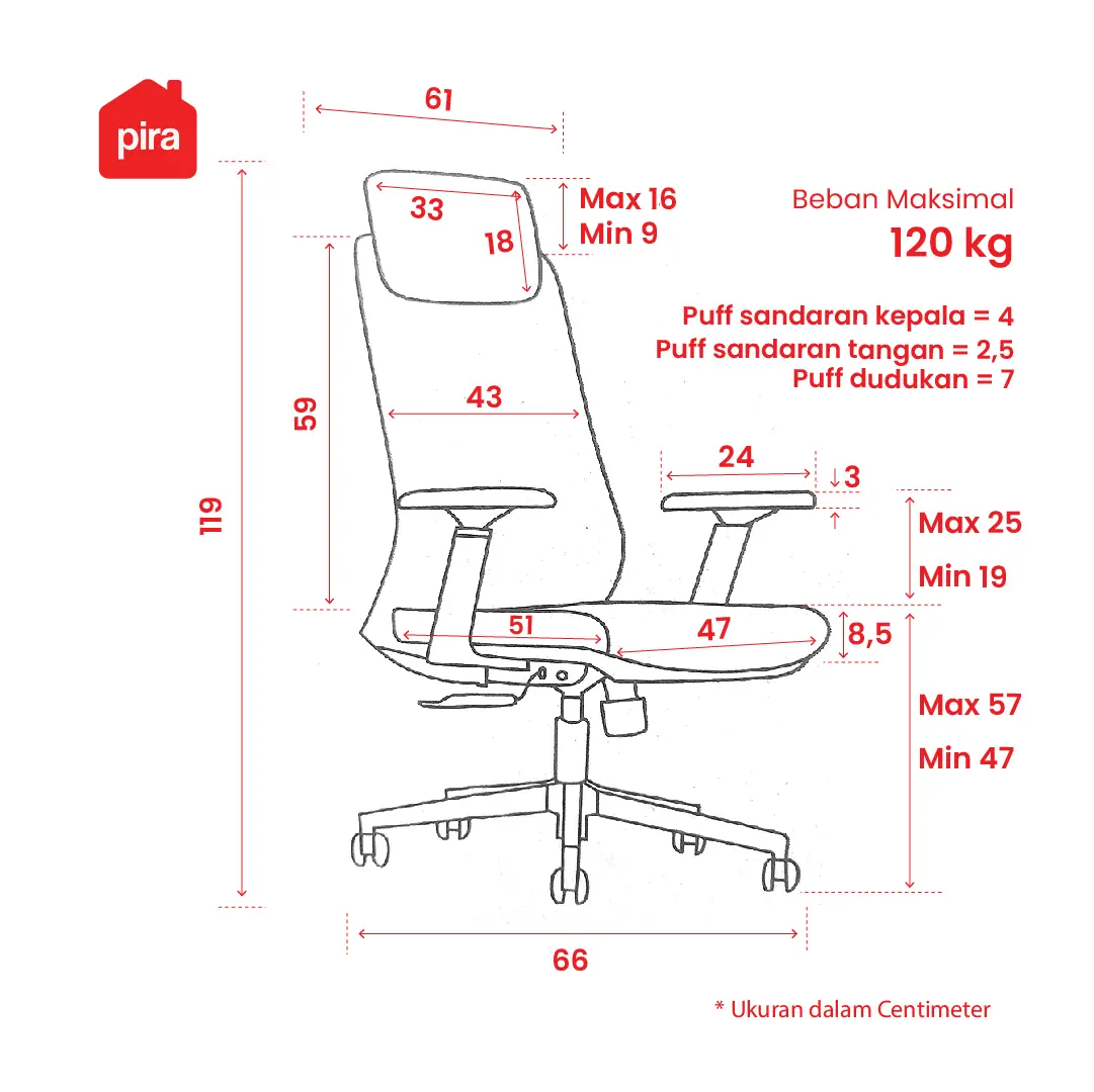 Panduan ukuran WORKDESIGN QUIGON PC KURSI KANTOR / KURSI KERJA ERGONOMIS DENGAN LUMBAR SUPPORT warna BLACK - WORKDESIGN