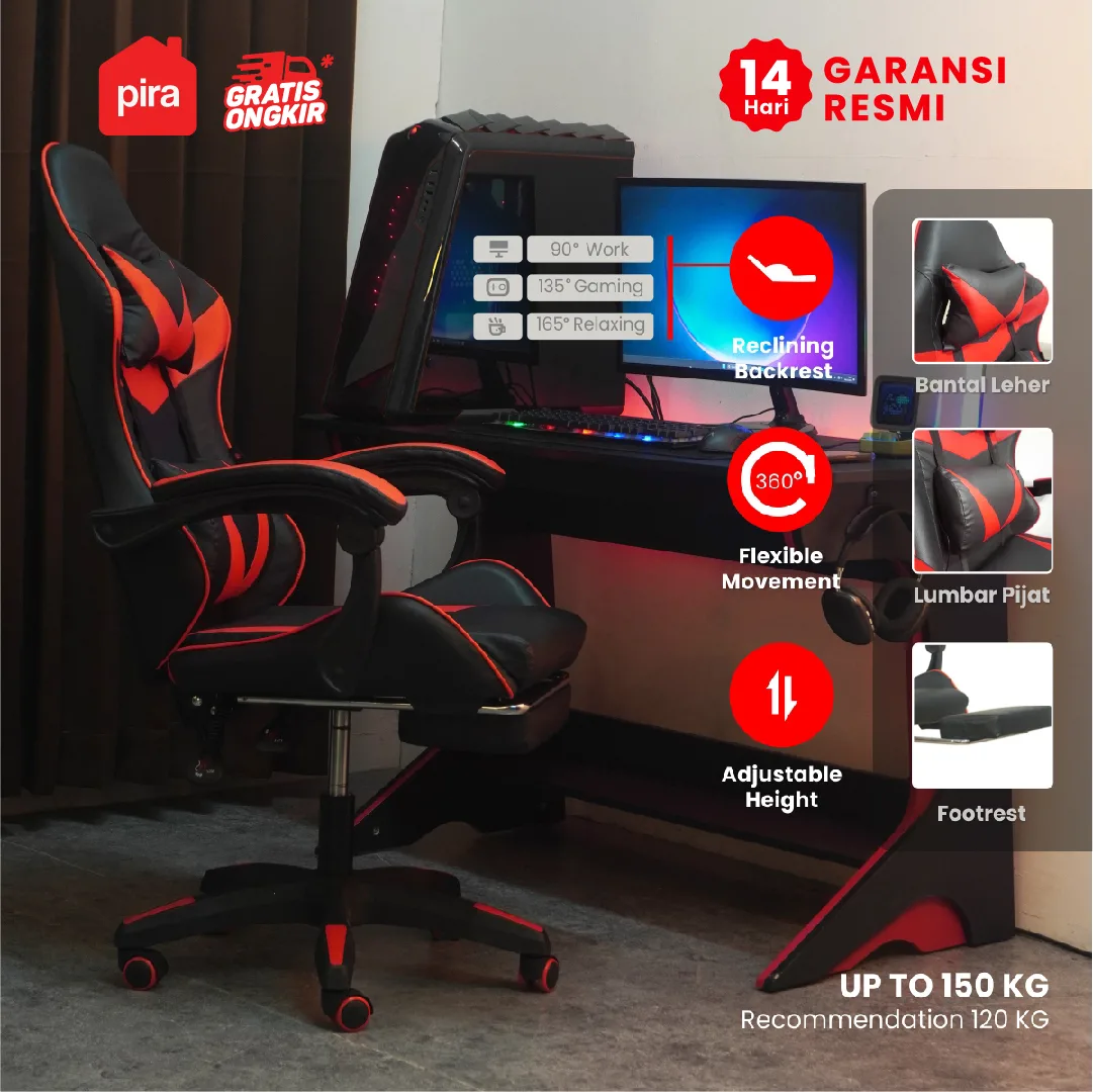 PIRA -  X-WING GC V2 KURSI GAMING DENGAN SANDARAN KAKI DAN FITUR MASSAGE / PIJAT warna BLACK - RED - PIRA - foto 1