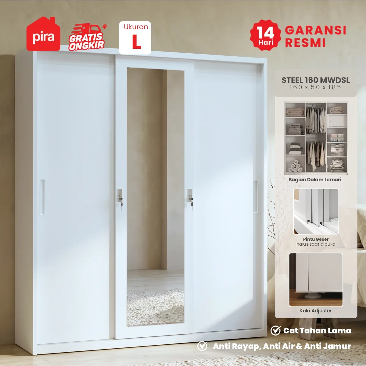 PIRA - STEEL 160 MWDSL LEMARI PAKAIAN BESI 3 PINTU SLIDING / PINTU GESER / LEMARI JUMBO warna WHITE - PIRA - foto 1