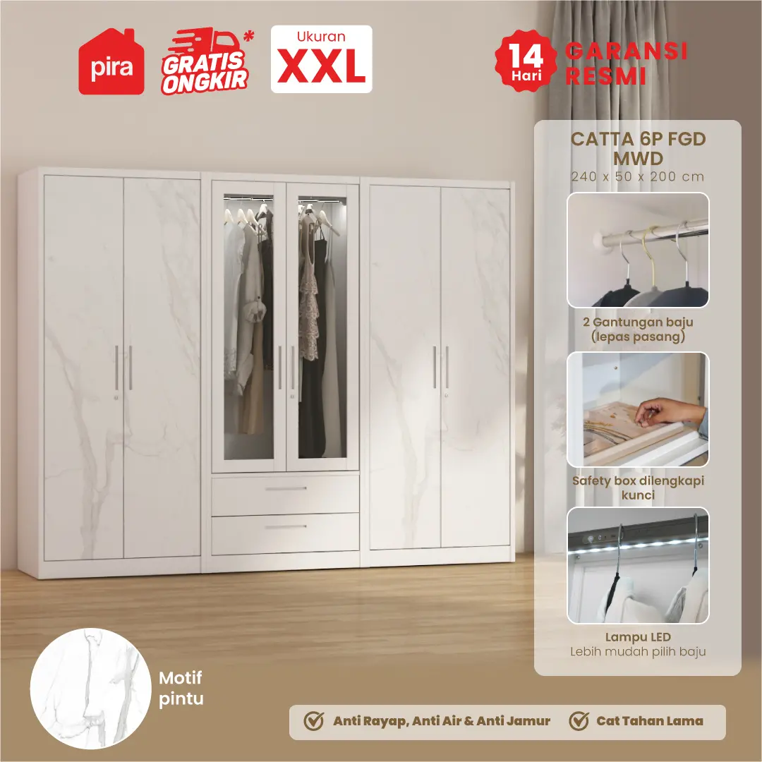 PIRA -  CATTA 6P FGD MWD LEMARI PAKAIAN BESI 6 PINTU DENGAN LACI DAN LED warna WHITE - PIRA - foto 1