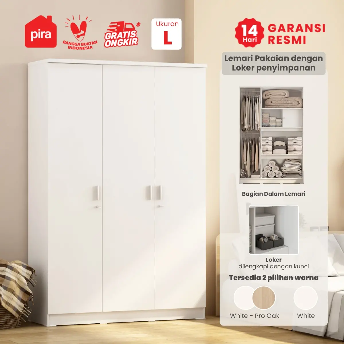PIRA METROPOLIS OX -  ARUNA 3PS LK LEMARI PAKAIAN 3 PINTU / LEMARI BAJU FULL RAK DENGAN LOKER PENYIMPANAN warna WHITE - PIRA METROPOLIS OX - foto 4