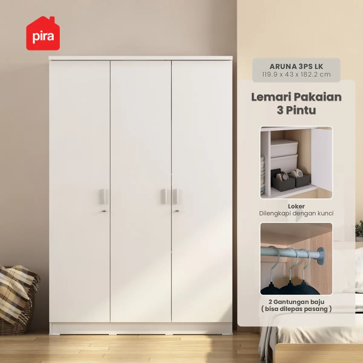 PIRA METROPOLIS OX -  ARUNA 3PS LK LEMARI PAKAIAN 3 PINTU / LEMARI BAJU FULL RAK DENGAN LOKER PENYIMPANAN warna WHITE - PIRA METROPOLIS OX - foto 5