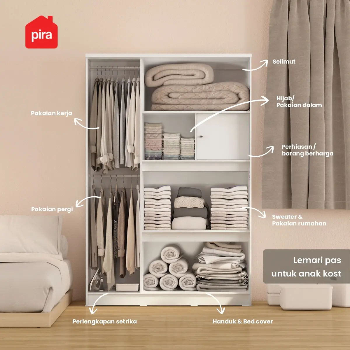 PIRA METROPOLIS OX -  ARUNA 3PS LK LEMARI PAKAIAN 3 PINTU / LEMARI BAJU FULL RAK DENGAN LOKER PENYIMPANAN warna WHITE - PIRA METROPOLIS OX - foto 8