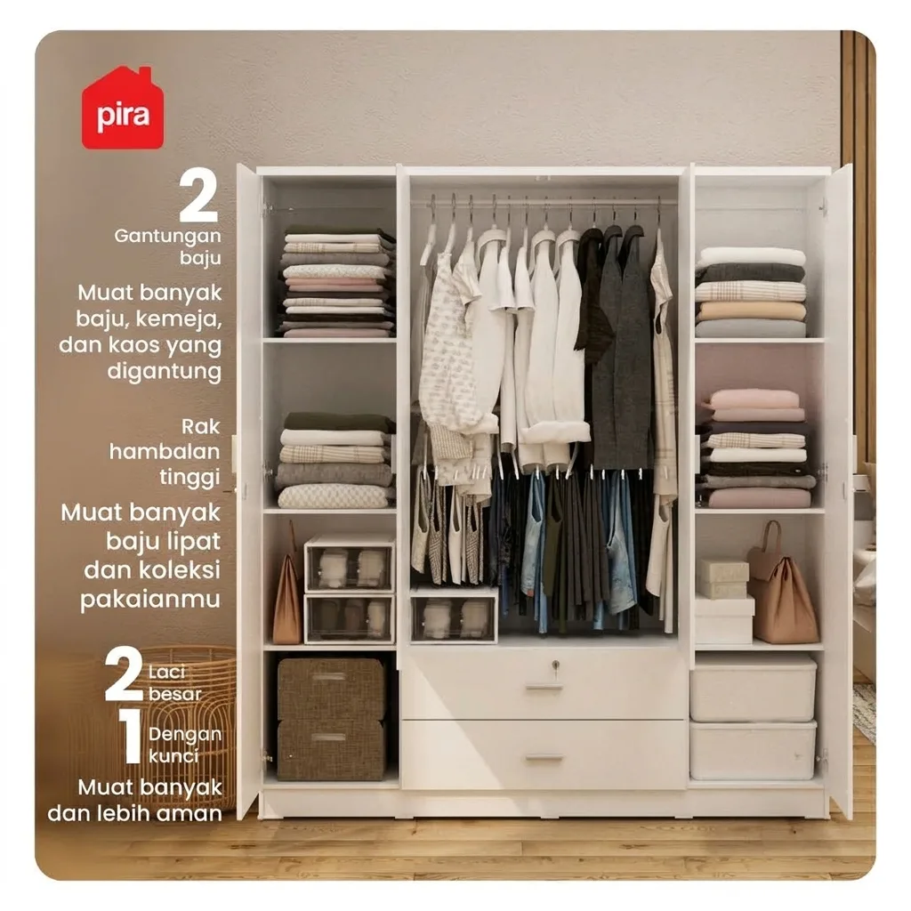 PIRA METROPOLIS OX -  ASTA 4PL A LEMARI PAKAIAN 4 PINTU DENGAN LACI warna WHITE - PIRA METROPOLIS - foto 2