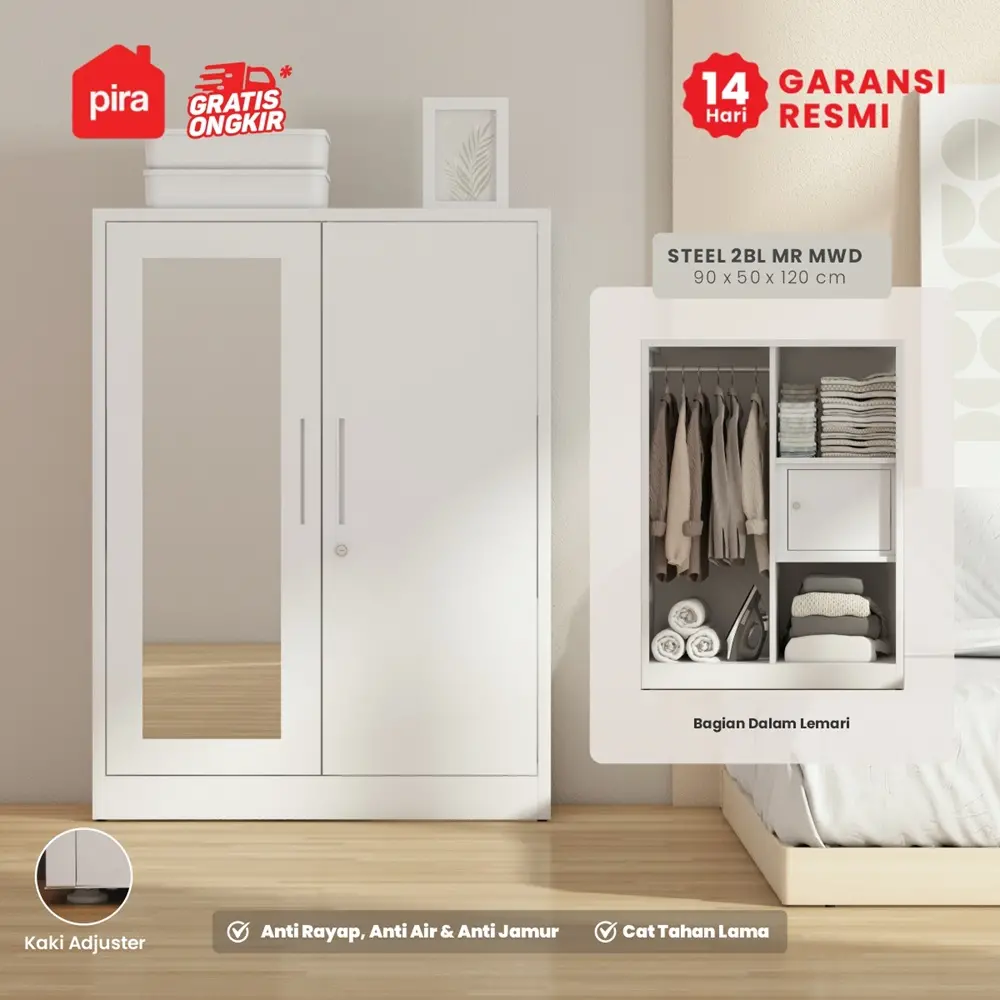 PIRA - STEEL 2BL MR MWD LEMARI PAKAIAN BESI 2 PINTU DENGAN CERMIN / LEMARI PAKAIAN ANAK warna WHITE - PIRA - foto 2