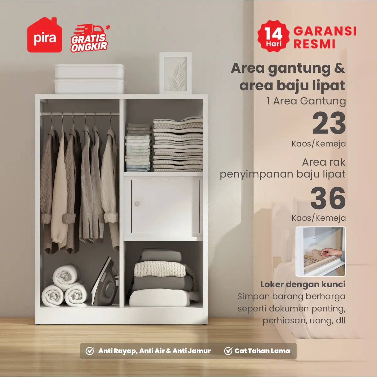PIRA - STEEL 2BL MR MWD LEMARI PAKAIAN BESI 2 PINTU DENGAN CERMIN / LEMARI PAKAIAN ANAK warna WHITE - PIRA - foto 3