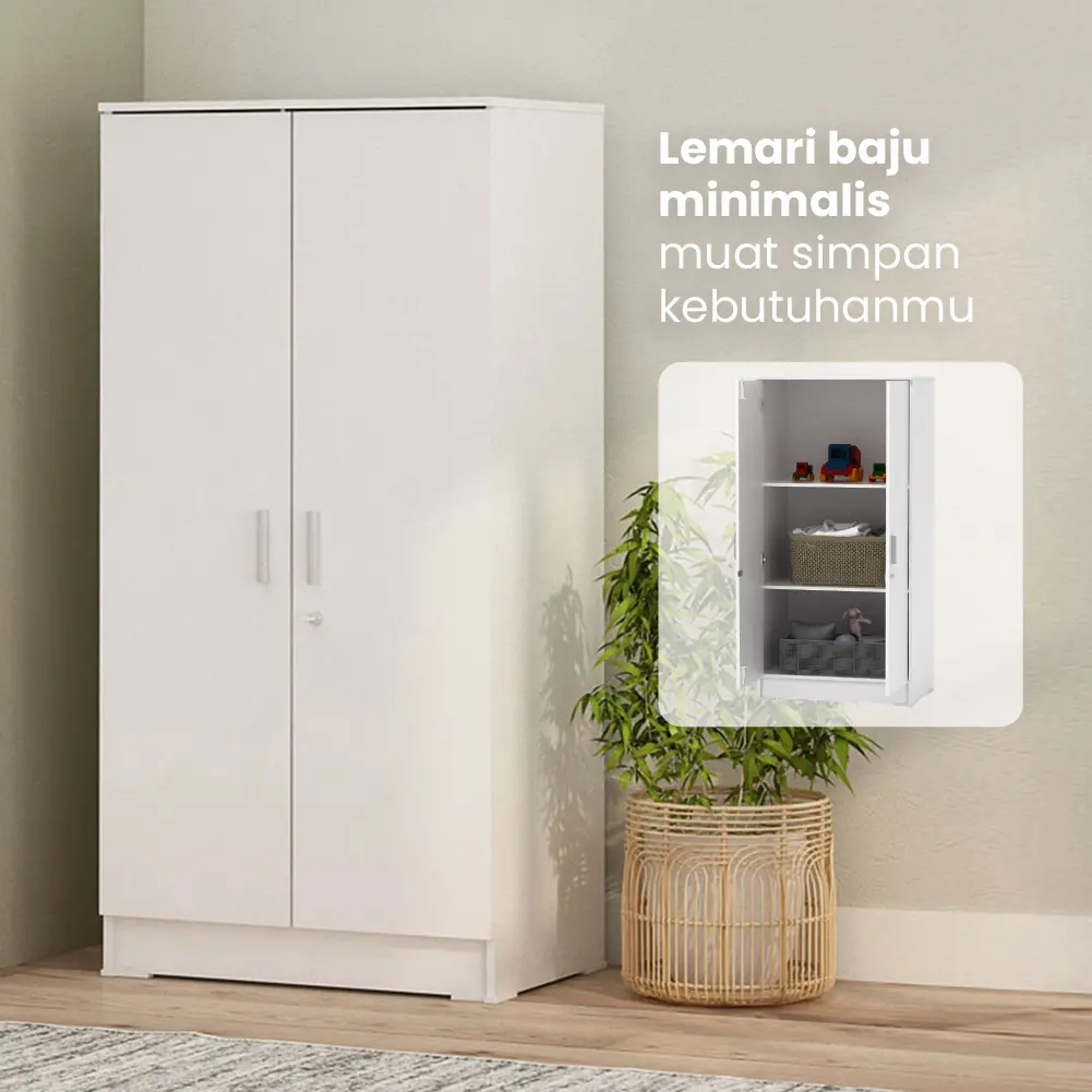 PIRA METROPOLIS - ARUNA BLS60 LEMARI PAKAIAN KECIL 2 PINTU FULL RAK / LEMARI BAJU warna WHITE - PIRA METROPOLIS OX - foto 2
