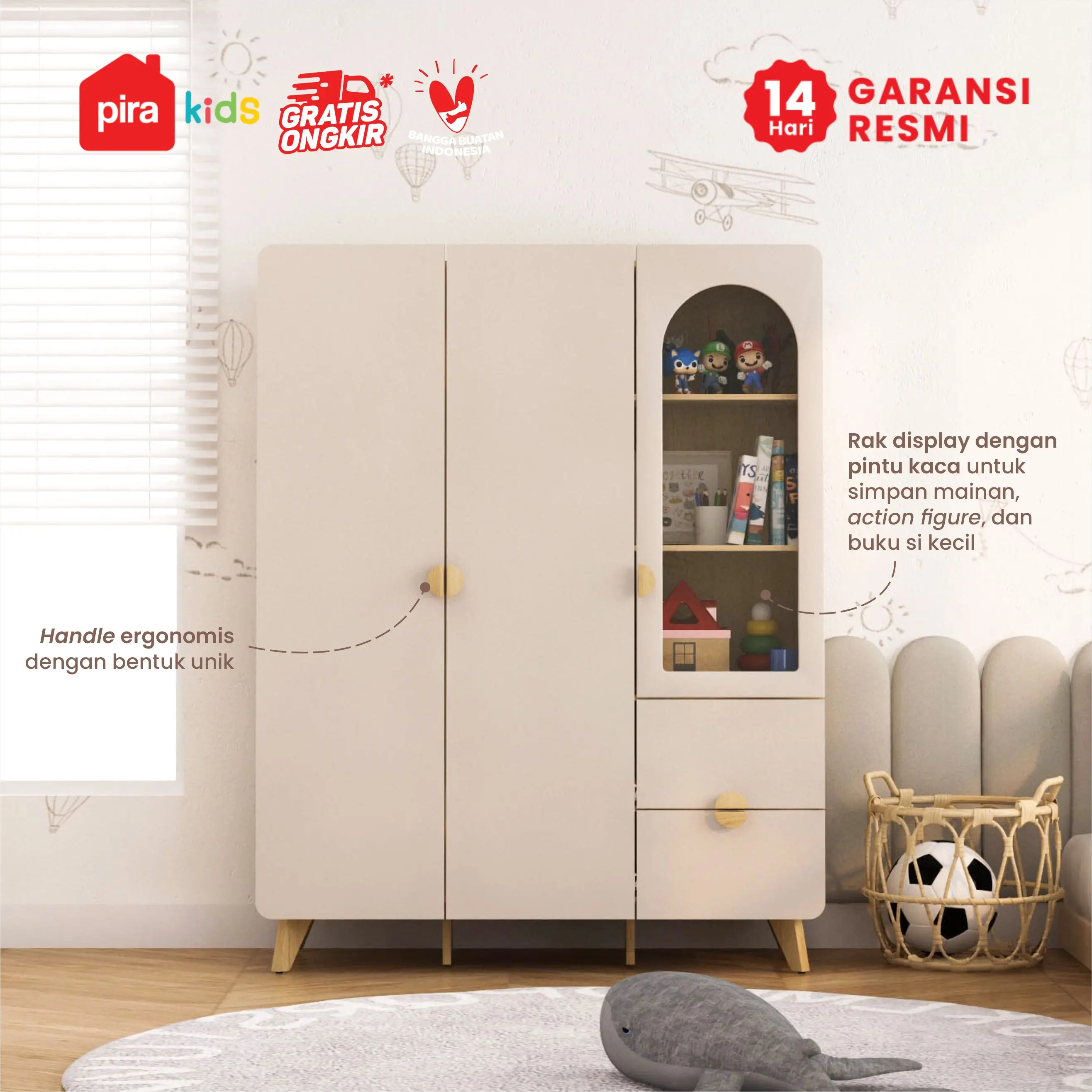 PIRA KIDS - TIANA BL150 LEMARI PAKAIAN ANAK 3 PINTU / LEMARI BAJU ANAK warna EURO OAK - LIGHT TAUPE - PIRA KIDS - foto 2